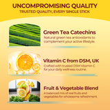 Information on premium ingredients in SUNMANC Kombucha: Green tea catechins, British Vitamin C, and fruit-vegetable blend.