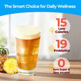 Benefits of SUNMANC Pineapple Kombucha: 15 calories, 19 types of probiotics, and zero sugar/alcohol.