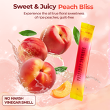 A promotional image for Sunmanc Peach Kombucha featuring fresh peaches and water splashes.