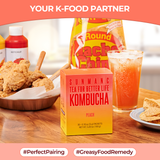 SUNMANC Peach Kombucha paired with fried chicken and snacks as a "K-Food Partner