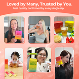 Photos of customers holding and drinking SUNMANC Peach Kombucha.